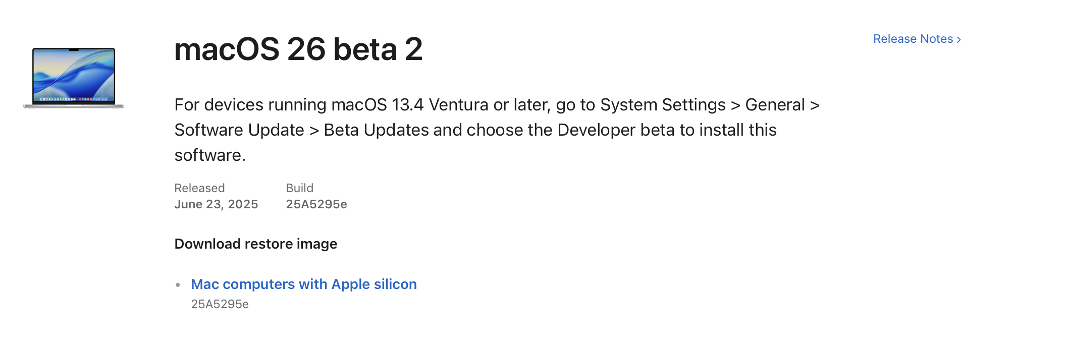 The macOS Tahoe beta 2 download image as seen on the developer page